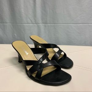 Black leather heels slide sandals